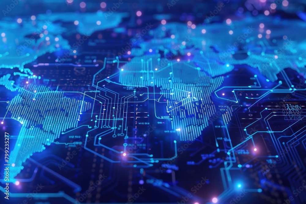 A computer screen shows a blue and orange world map with many dots. The map is very detailed and has a futuristic feel to it A computer screen shows a blue and orange world map with many dots. The map is very detailed and has a futuristic feel to it