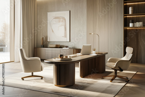 Sophisticated office interior with a sleek wooden desk, designer chairs, and elegant decor under soft lighting, complemented by an abstract framed artwork on the wall
