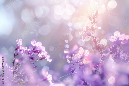 Ethereal scene of delicate purple flowers bathed in a soft glow with bokeh lights, evoking a dreamy and tranquil springtime atmosphere