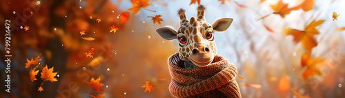 Animated cartoon character with giraffe in warm scarf, autumn illustration, good for cards and prints. For kids books 