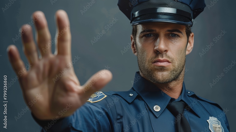 Fototapeta premium Commanding Police Officer in Uniform Giving Stop Gesture, Authority and Law Enforcement in Action