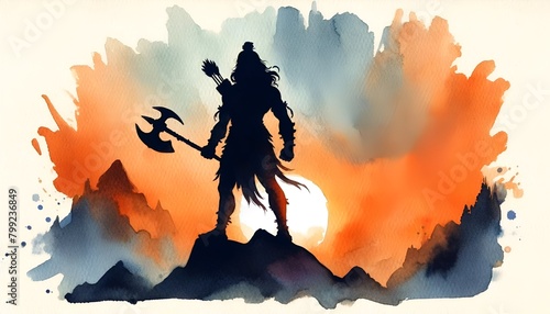 Watercolor illustration of lord parshuram silhouette with axe for parshuram jayanti celebration.