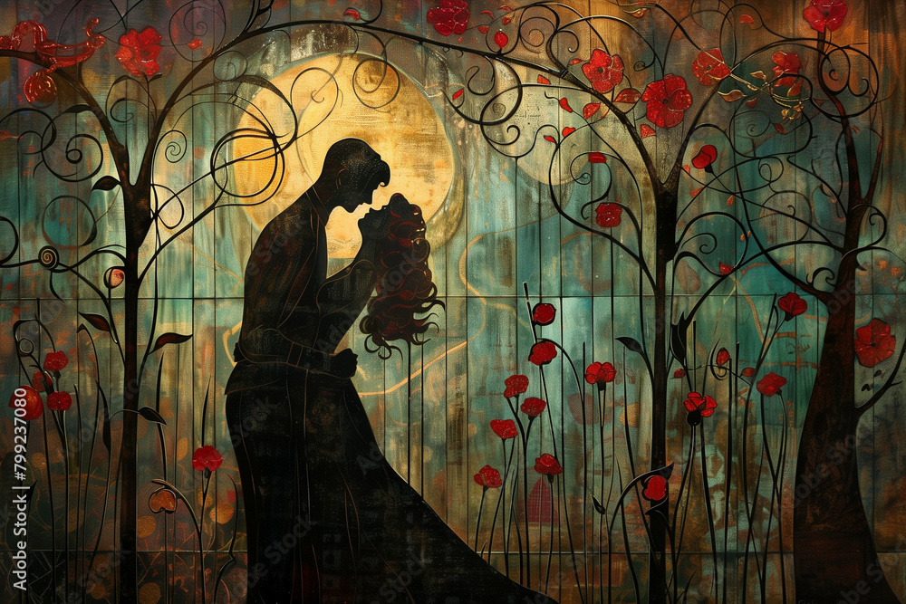 Art Nouveau Romance Elegant Couple in the Evening Setting