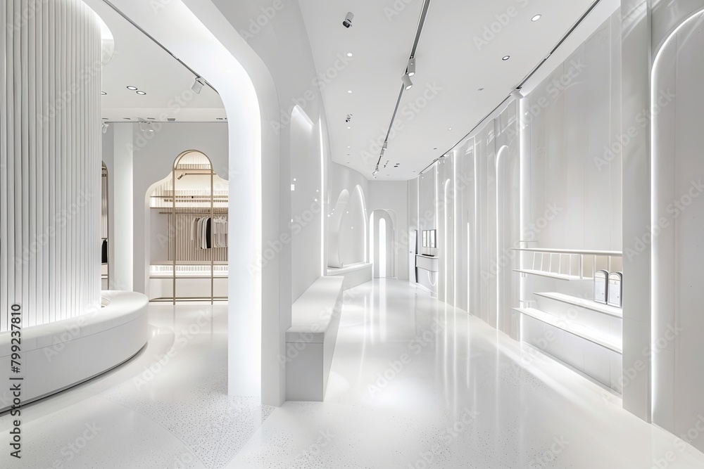 White Space Luxury: Minimalist Boutique Interior with Focused Lighting Displaying Merchandise White Space Luxury: Minimalist Boutique Interior with Focused Lighting Displaying Merchandise