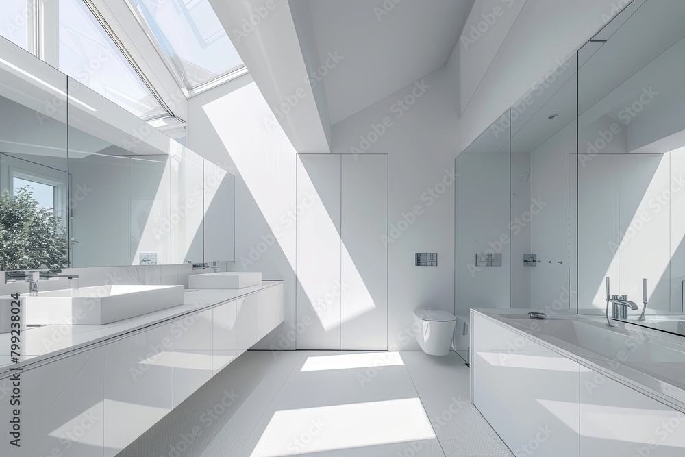 Fototapeta premium White Space: Luxe Bathroom with Clerestory Windows in Architectural Minimalism