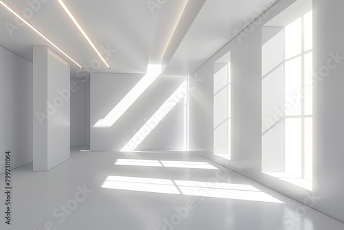 Modern White Geometric Office  3D Rendering of Empty Space With Diagonal Rays