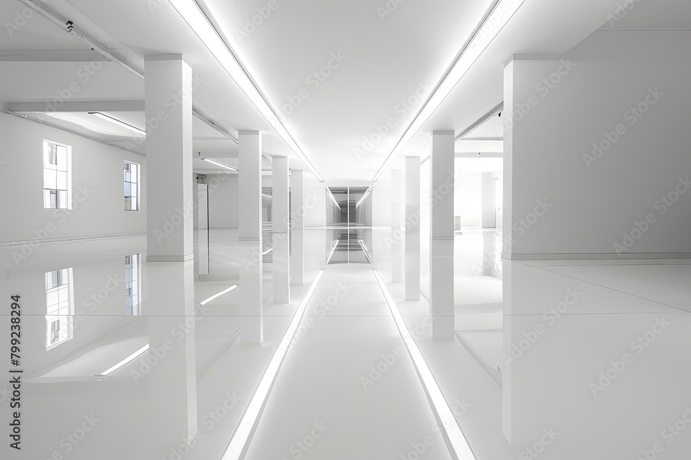 White Gallery Space with Mirrored Flooring: Modern Interior Reflections White Gallery Space with Mirrored Flooring: Modern Interior Reflections