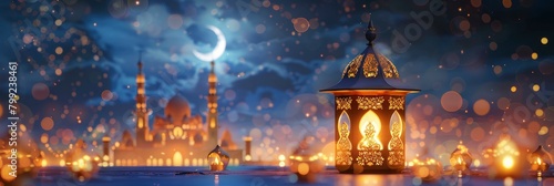 an ornamental lantern with crescent moon on the background of mosque silhouette at night  ramadan concept