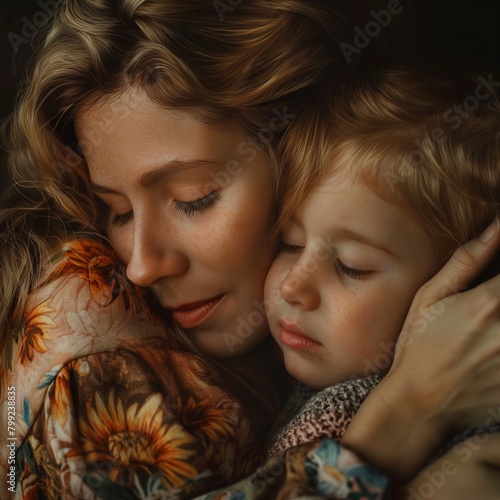 Una dulce imagen de una amorosa madre sosteniendo a su pequeño hijo photo
