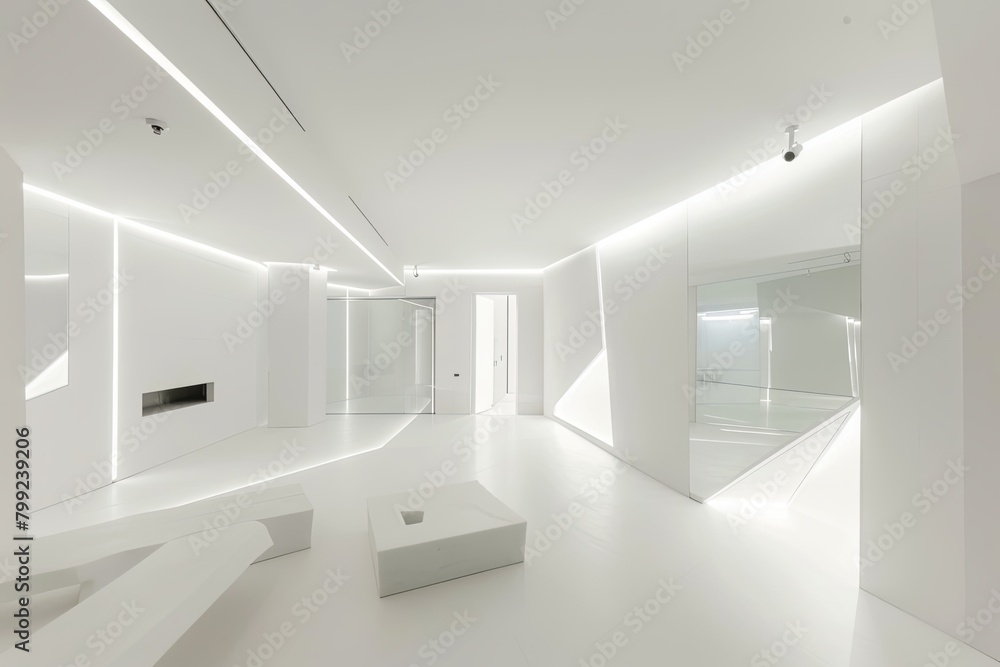 Minimalist White Spa Loft: Geometric Space in Bright Museum Decor Minimalist White Spa Loft: Geometric Space in Bright Museum Decor