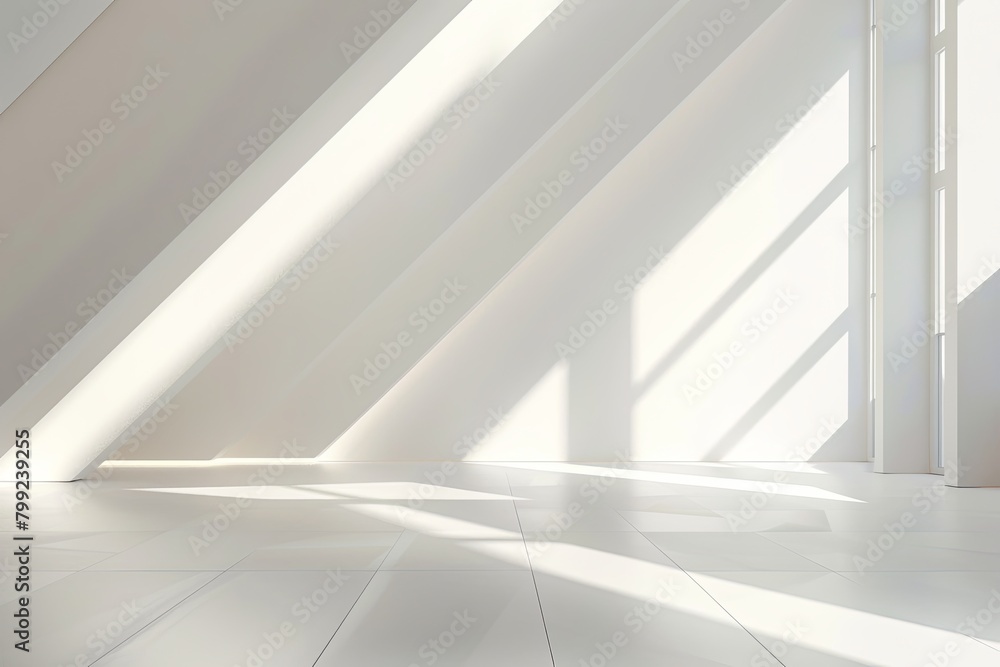 Minimalist White Room: 3D Rendering of Luxurious Geometric Loft Interior with Bright Early Morning Light Minimalist White Room: 3D Rendering of Luxurious Geometric Loft Interior with Bright Early Morning Light
