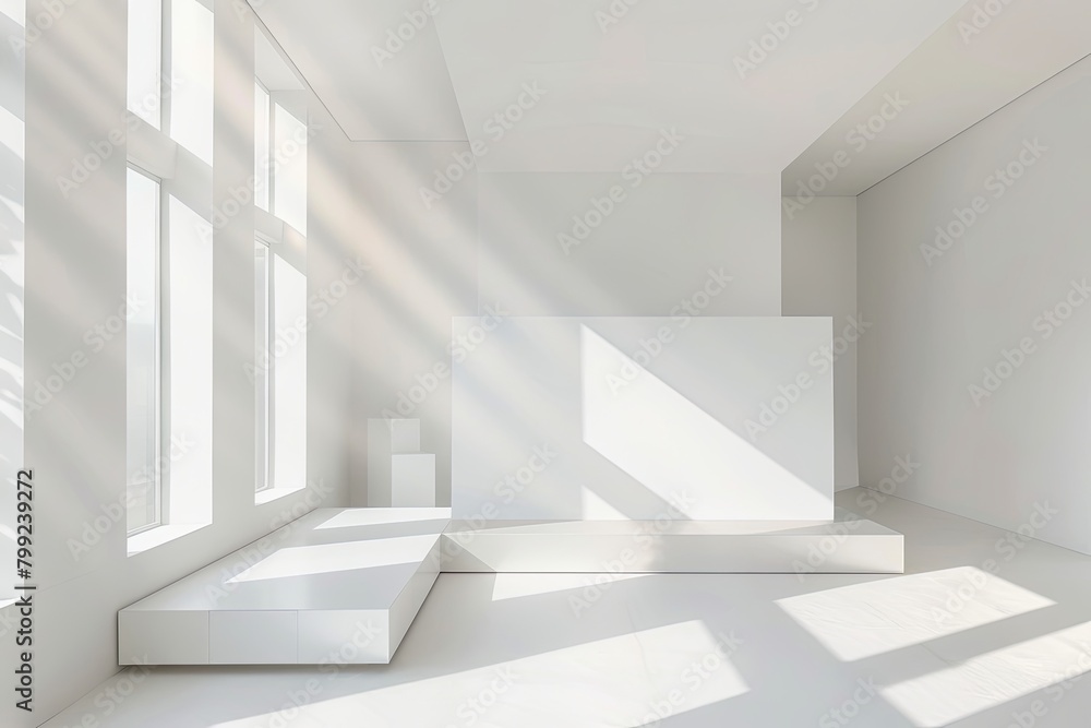 Fototapeta premium Sunlit Geometric Luxury: White Minimalist Living Room Interior Design Concept