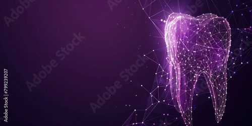 Abstract low poly digital tooth shape made of glowing dots and lines on a dark purple background, photo