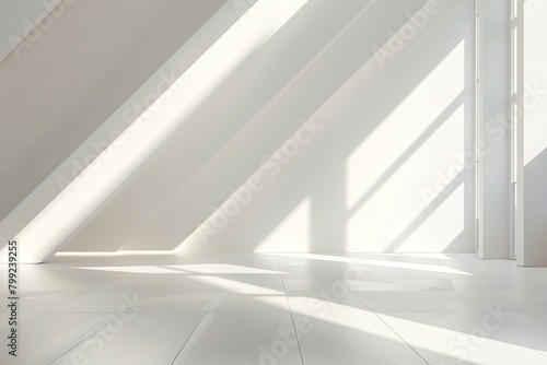 Minimalist White Room  3D Rendering of Luxurious Geometric Loft Interior with Bright Early Morning Light