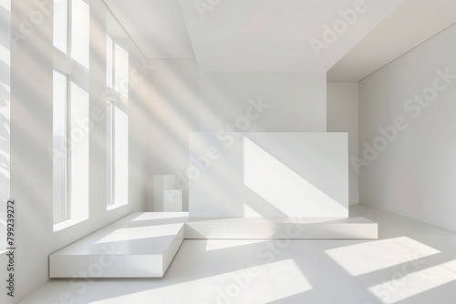 Sunlit Geometric Luxury: White Minimalist Living Room Interior Design Concept