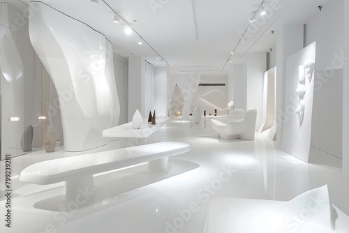 White Room Geometric Showcase  Minimalist Sculptural Luxury Gallery Design