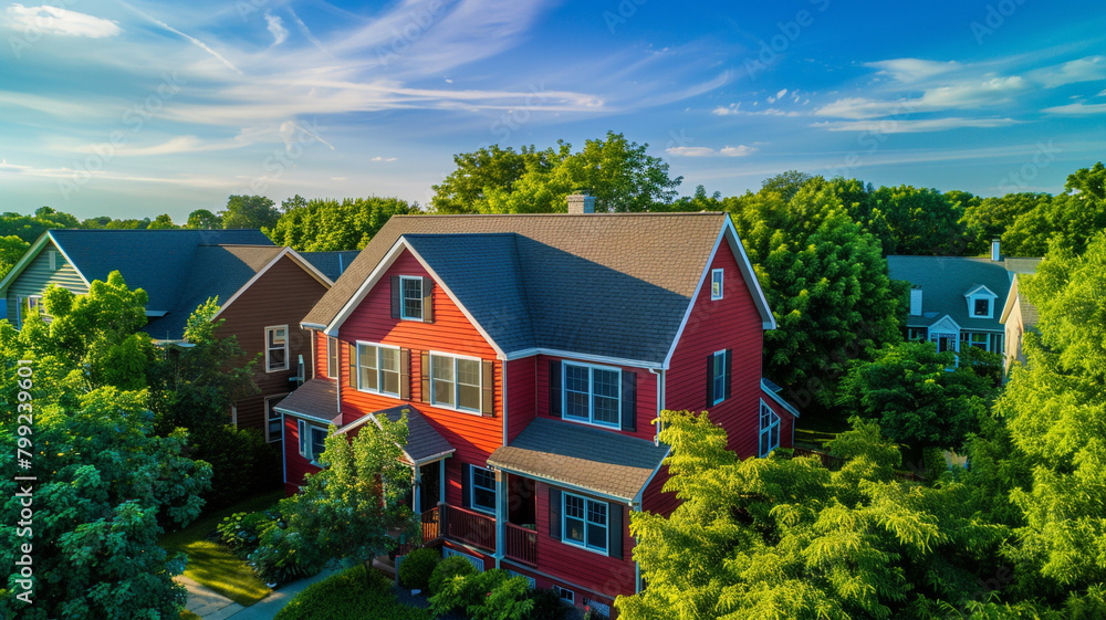 An aerial shot reveals a radiant ruby red house with siding and shutters, nestled amidst the lush greenery of the suburban neighborhood, against the backdrop of the vibrant blue sky.