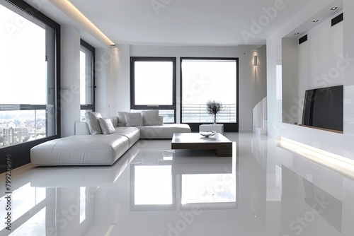 White Geometric Space: Minimalist Living Room with High Gloss Floors