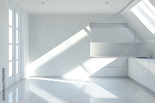 3D Rendering of Empty Contemporary Kitchen with Diagonal Morning Light Interplay on White Background