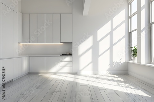 White Space Morning: Modern 3D Kitchen Interplay with Diagonal Light