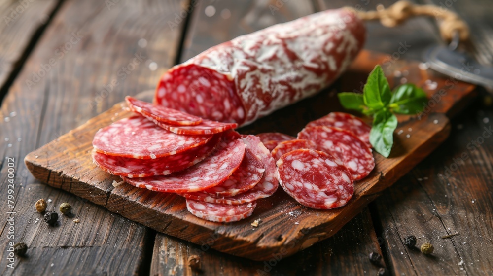 Sliced salami on a wooden board Sliced salami on a wooden board