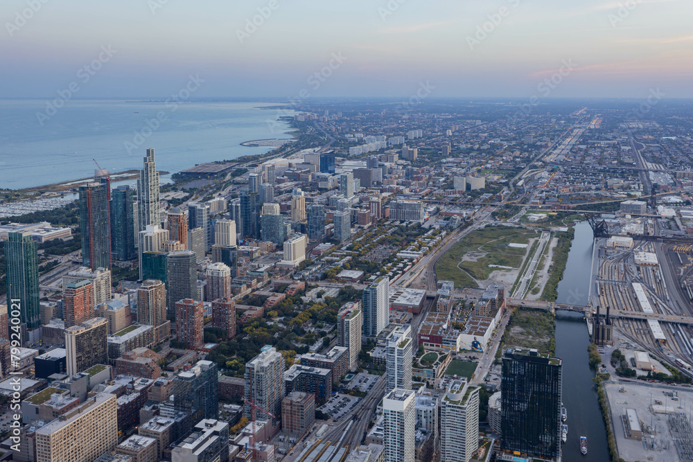 Sunset aerial view of the downtown landscape from the Willis Tower