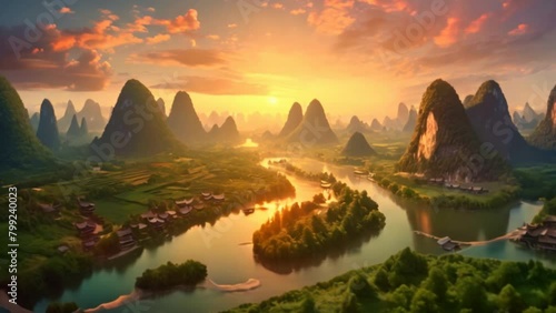 Guangxi region of China, Karst mountains and river Li in Guilin. photo