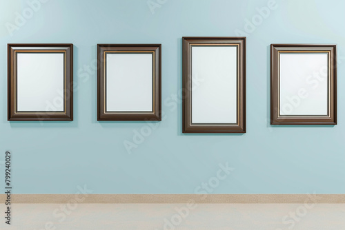 An avant-garde art gallery featuring four elegant chocolate brown frames on a light blue wall, creating a warm and inviting atmosphere for an art exhibition photo