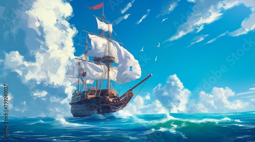 Majestic Sailing Ship Riding the Turquoise Waves Under a Cloud-Filled Sky