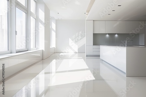 Modern gallery space with reflective white flooring in minimalist high-gloss kitchen apartment