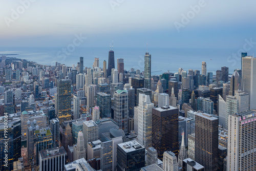 Sunset aerial view of the downtown landscape from the Willis Tower © Kit Leong