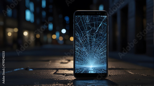 photorealistic image of a shattered smartphone with broken glass
