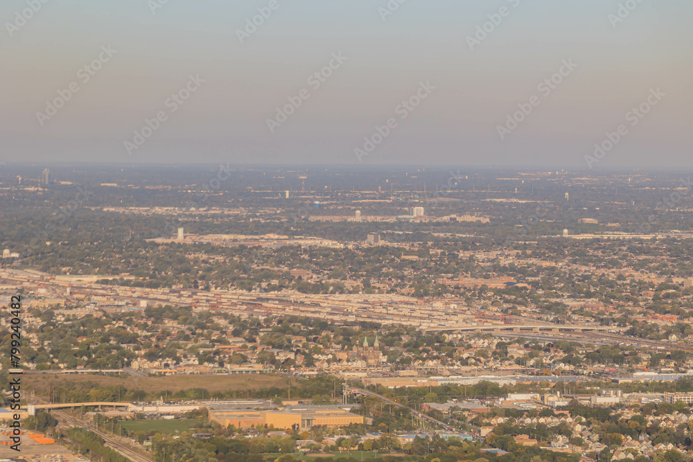 Fototapeta premium Aerial view of the cityscape near airport of Chicago