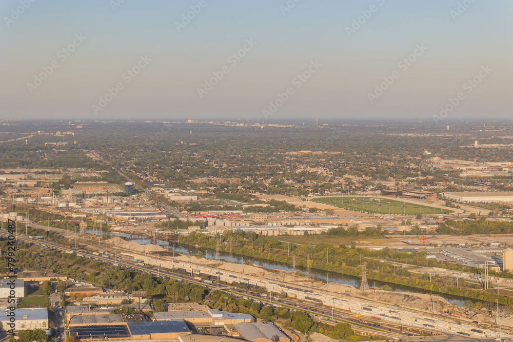 Aerial view of the cityscape near airport of Chicago