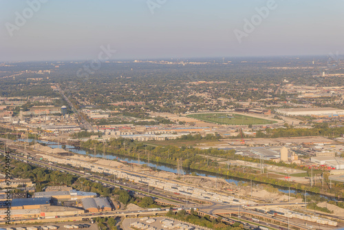 Aerial view of the cityscape near airport of Chicago