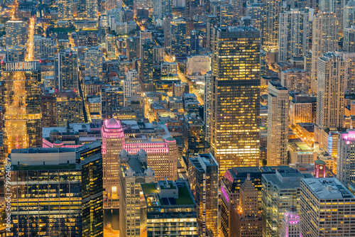 Sunset aerial view of the downtown landscape from the Willis Tower