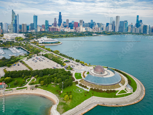 Sunny aerial view of the Adler Planetarium and downtown cityscape photo