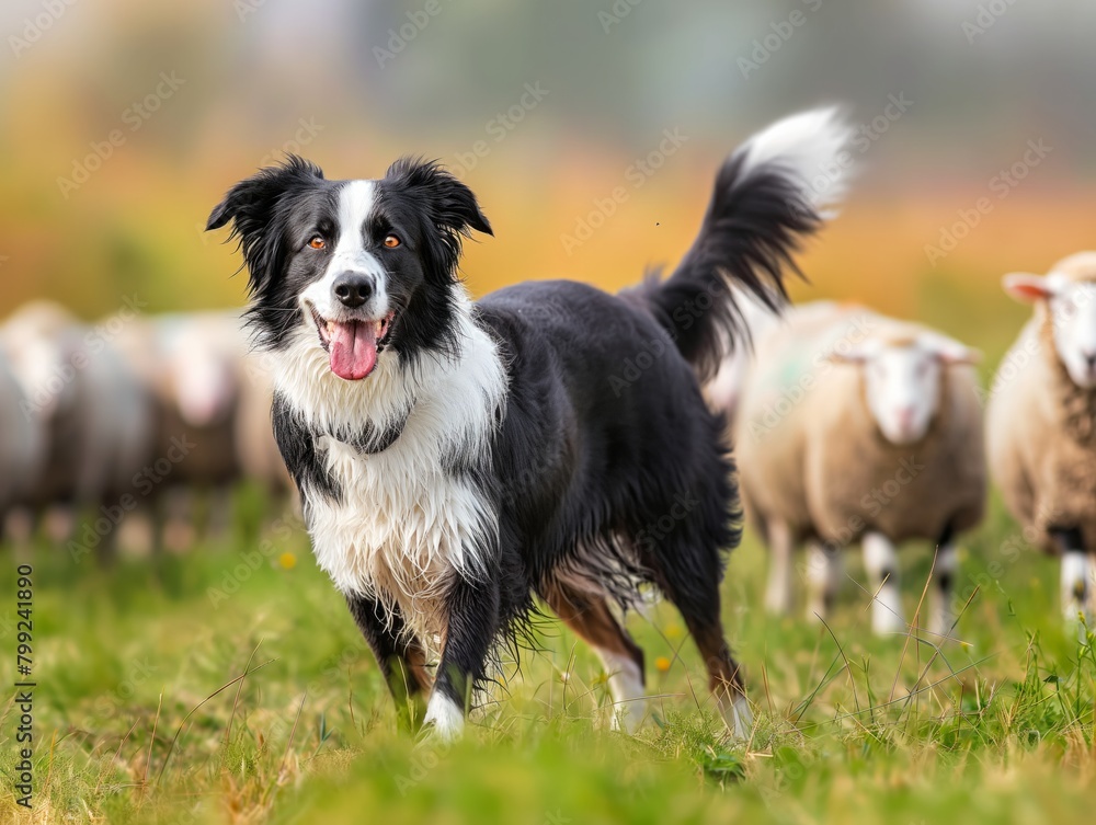 A black and white dog is standing in a field with a herd of sheep. The dog appears to be happy and playful, while the sheep are scattered around the field