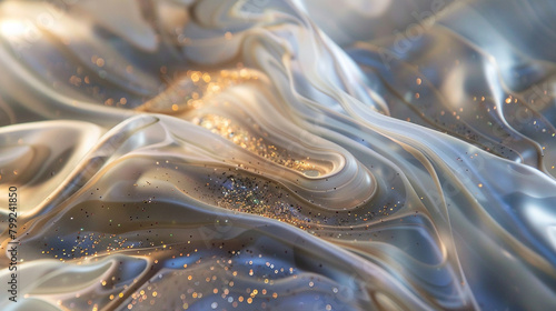 Elegant topaz marble ink swirls gracefully within a radiant abstract landscape, illuminated by scattered glitters, exuding sophistication and elegance.