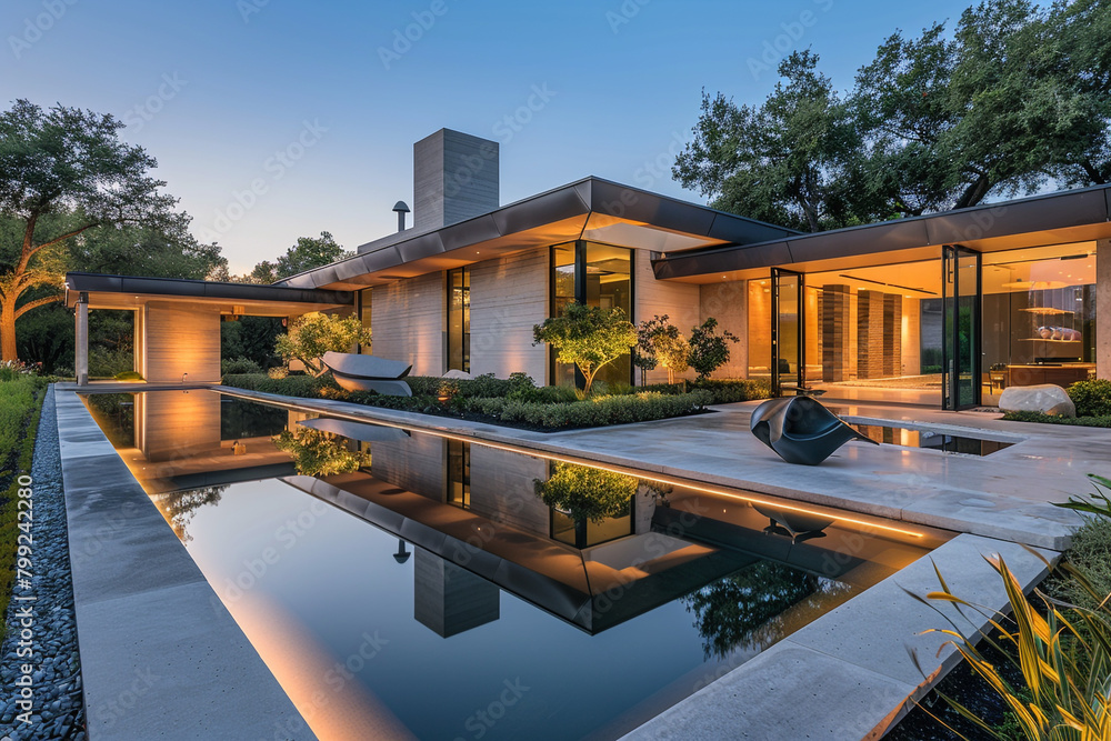 Impressive home with a reflective pool and artistic elements in the front yard at dusk.