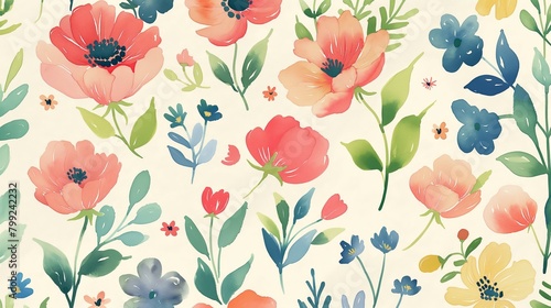 Vibrant Array of Watercolor Flowers and Foliage in a Springtime Pattern Design © Yury