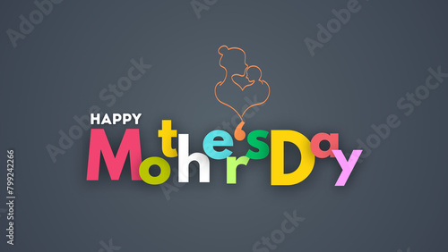 Mother's Day postcard. Happy Mother's Day vector greeting cards on a grey background.  Continuous one-line drawing. The two hold her baby—anabstract mother with a child in continuous one-line drawing. photo