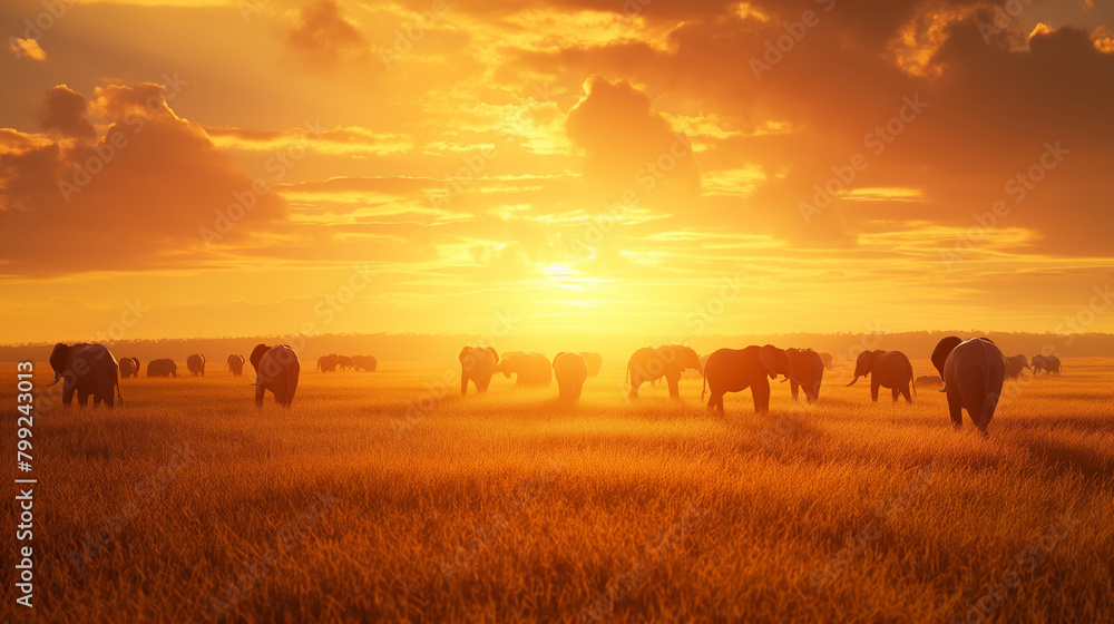 Panoramic Shot of a Majestic herd of elephants at Sunset AI generation Panoramic Shot of a Majestic herd of elephants at Sunset AI generation