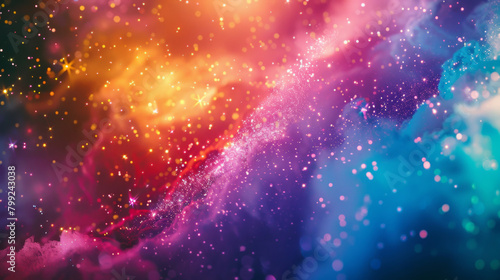 Dazzling abstract background featuring a spectrum of sparkling glitter in hues of red, orange, blue, and purple