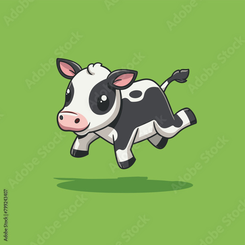 Cute cartoon cow jumping on a green background.