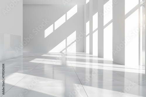 White Contemporary Interior  3D Rendered Minimalistic Apartment Lobby with Diagonal Light and Soft Shadows