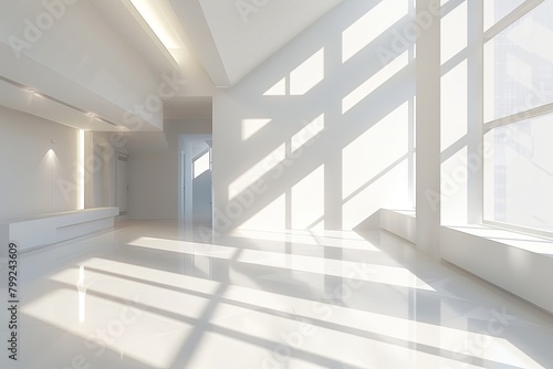 Clean White Minimalist 3D Rendering of Empty Lobby with Soft Light and Shadow Play