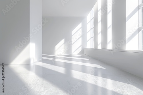White Contemporary Lobby  Minimalistic 3D Rendering with Diagonal Light and Soft Shadows