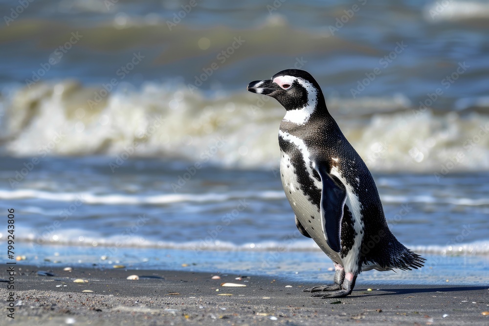 Fototapeta premium Male and Female Magellanic Penguins Walking on Argentinian Beach - Natural Wildlife and Beauty