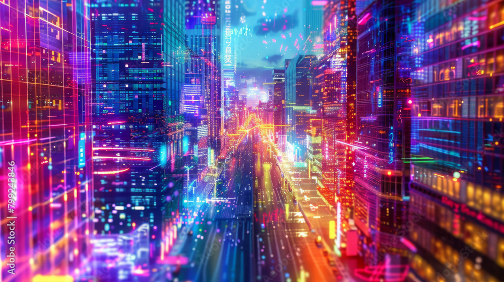 Obraz premium Futuristic urban skyline glows with neon lights and digital effects